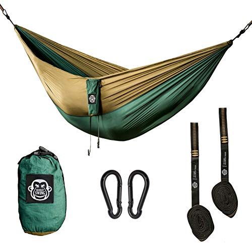 Monkey Swing Hängematte Ultraleicht inkl. Karabiner & Schwerlastgurten (bis 300  kg belastbar, 275 x 140 cm) – ideal für Camping, Outdoor, Trekking & als Reisehängematte (Grün/Khaki)