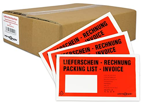 versando 1000 Lieferscheintaschen DIN lang selbstklebend Dokumententaschen Begleitpapiertaschen rot/schwarz bedruckt: Lieferschein/Rechnung