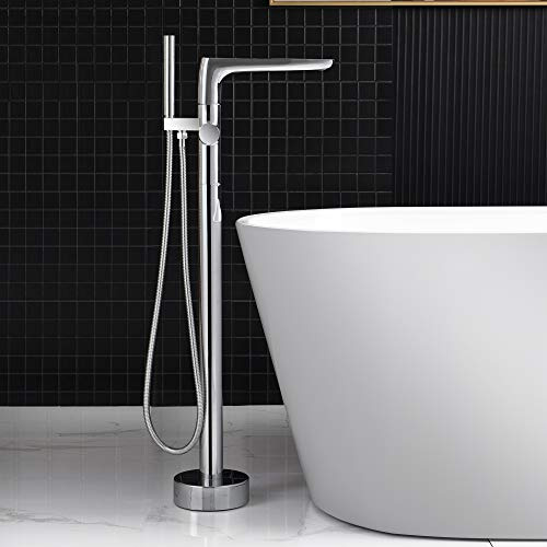WOODBRIDGE Contemporary Single Handle Floor Mount Freestanding Tub Filler Faucet with Hand shower in Chrome Finish,F0013CH