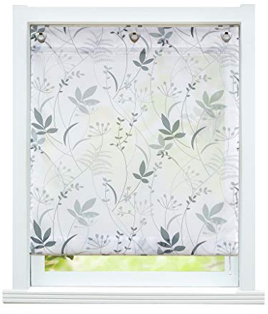 ESLIR Raffrollo ohne Bohren Raffgardine mit Ösen Transparent Gardinen mit U-Haken Ösenrollo Modern Weiß Blätter Muster BxH 80x140cm 1 Stück