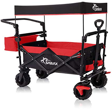 SAMAX Carro Plegable con Techo extraíble Carrito de Jardín de Mano - Carreta con Freno y Bolsa de Cola - para Jardín y Aire Libre Playa de Carro de Transporte Offroad - Negro/Rojo