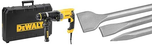 DEWALT - Perforateur SDS-PLUS 3J - D25144K-QS - Marteau Perforateur Puissant à 3 Modes avec Coffret de Transport & Jeu de 3 Burins SDS-PLUS - DT60330-QZ - 2 Burins Plats et 1 Burins Pointu - 25 cm