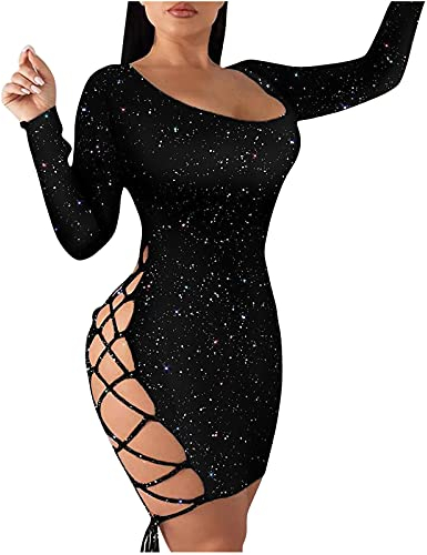 Masrin Etuikleid für Damen Sexy Bandage aushöhlen rückenfreies enges Kleid Kleid mit Schnürung und hohem Schlitz Modisches Clubkleid mit Leopardenmuster Figurbetontes Kleid mit Langen Ärmeln