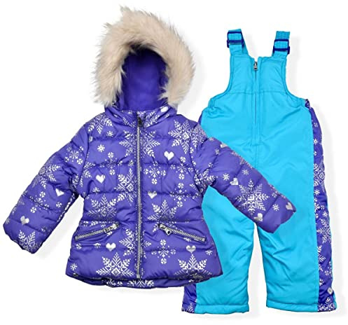 Arctic Quest Girls' Bib Snow Pants and Ski Jacket Water-Resistant Snowsuit For Kids Winter Hooded Jacket, Lavender, 4