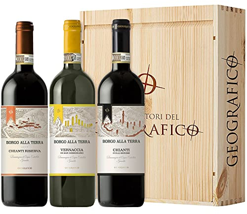 Cassetta 3 Bottiglie Vino Toscana | Geografico | Borgo Alla Terra | Chianti Riserva | Vernaccia di San Gimignano | Idea Regalo