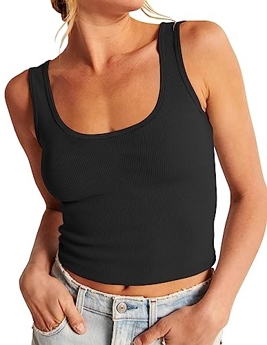 Artfish Women's Sleeveless Shirt Ribbed Fitted Scoop Neck Basic Long Crop Tank Top Square Black, S
