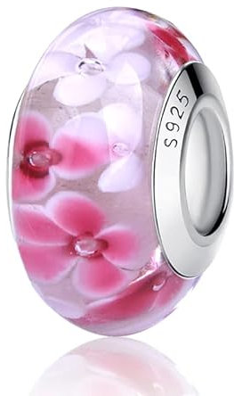 Nbsameng Breloque en Verre de Murano, Charms pour Bracelets et Chaînes pour Femme, Charm en Argent à 925, Breloques Compatibles Pandora, Gnoce et Trollbeads,Fleurs rose prune