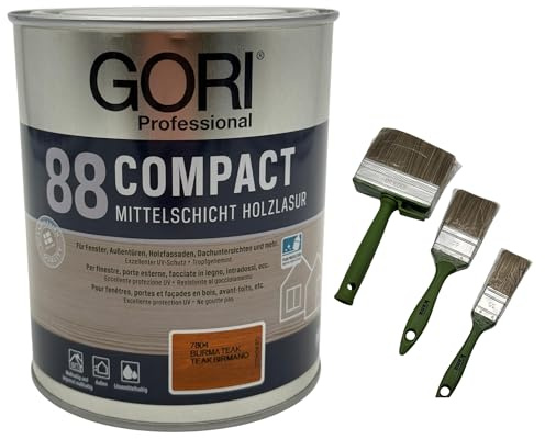 zbs24 Gori 88 Compactlasur burma teak 5 Liter Holzschutzlasur, tropfgehemmte Mittelschichtlasur, inkl. 3-teiliges Pinselset zur einfachen Verarbeitung der Lasur