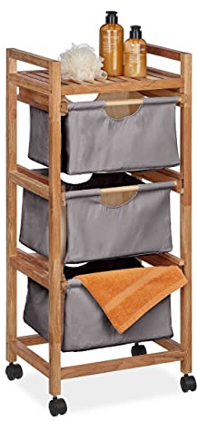 Relaxdays Unidad de Almacenamiento Estantería con Cestas Ropa Sucia, 1 Balda y 3 Cestitos de Tela, 96x43,5x33,5 cm, Estante Nogal, Natural/Gris, Algodón