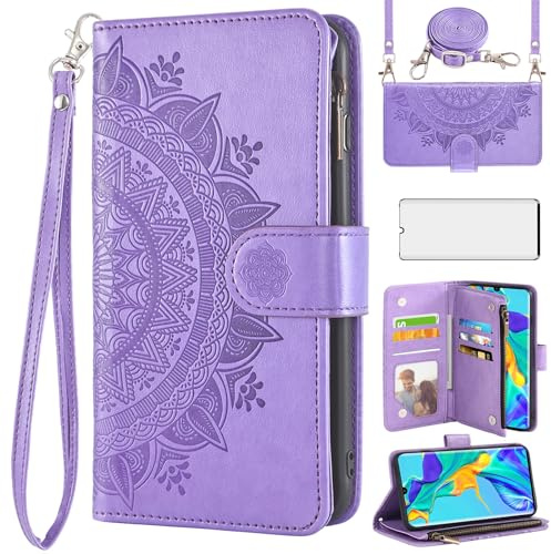 Asuwish Handyhülle für Huawei P30 Pro Hülle mit Band und Folie Schutzfolie Kartenfach Klappbar Leder Blumen Geldbörse Ständer HuweiP30Pro Hawaii P 30 P30Pro VOG-L29 Hüllen Schutzhülle Phone Case Lila