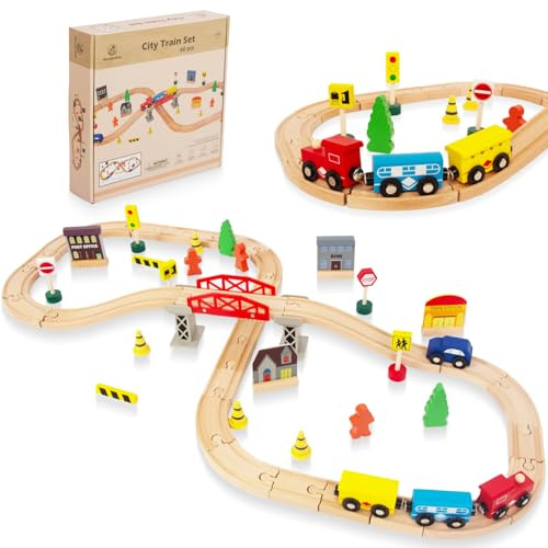 60pcs Train pour Les Tout - Petits, Pont et Rail de Train en Bois bilatéral pour brio, Thomas, Melissa et Doug, Jouets Cadeaux pour Enfants pour 3 4 garçons et Filles de 5 Ans