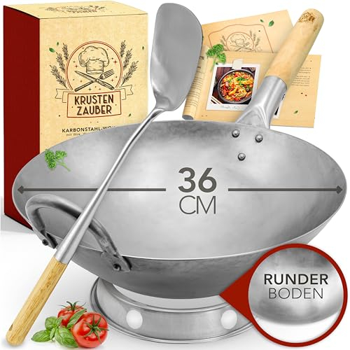 KRUSTENZAUBER 36cm Wokpfanne Mit Rundem Boden - Traditionelle Stahlpfanne Mit Wender und Ring - Induktionsgeeignet, Woklette, Zubehör, Carbon Steel Karbonstahl
