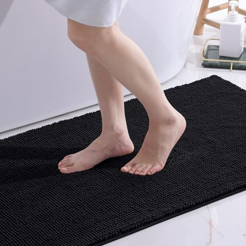 OLANLY Chenille Badematte rutschfest Badezimmerteppich Groß, 60x120 cm | Waschbar Weich Badteppich Badvorleger Saugfähige Duschvorleger Badezimmer Deko, Schwarz