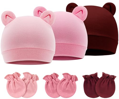 DRESHOW Neugeborene Babymützen Fäustlinge Set Krankenhausmütze Beanie Bärenohren Säuglingsmützen Baby Baumwollhandschuhe Kratzfreie Fäustlinge für 0-6 Monate