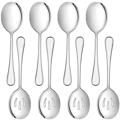 8PCS Serving Spoons Include 4 Large Serving Spoon & 4 Slotted Spoons,8.46inches Stainless Steel Salad Serving Spoons,Utility Advanced Performance Skimmer,for Buffet, Party, Banquet, Kitchen