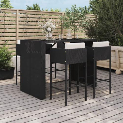 Tidyard 5-TLG.Gartenbar-Set Garten Bar Set Sitzgruppe Rattan Bar Tresen Theke Tisch Barset Garten Tisch Outdoor Gartenmöbel Set mit Kissen Schwarz Poly Rattan-3841