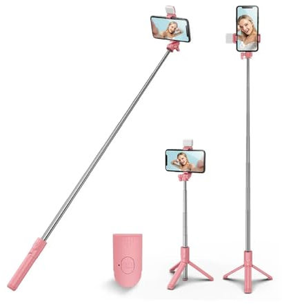 Bastone per selfie con treppiede e telecomando wireless, compatibile con telefoni, streaming live e fotografia (rosa + luce LED)