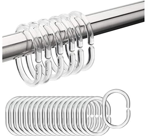 FuninCrea 24 Pezzi Anelli Tenda Doccia, Plastica Tende da Doccia a Forma di C, Anelli per Tende da Doccia, Sostituzione Anelli per Tende per l'asta Della Finestra Della Doccia del Bagno (trasparente)
