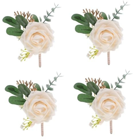 DEARMAMY 4stücke Künstliche Hochzeits-ansteckblume Für Bräutigam Und Trauzeugen Design Champagnerfarbe Einfach Zu Befestigen Für Hochzeiten Und Besondere Anlässe