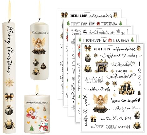 Schwarzgold-Engel Kerzentattoos Weihnachten set,Wasserschiebefolie Kerzen Tattoo Bunt,5 Stück Kerzensticker Kerzenfolie für Candles und Keramikbecher Geburtstag Weihnachten Dekoration (A)