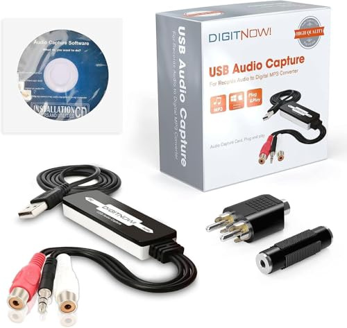DigitPro USB 2.0 Audio Capture Card for Vinyl Records, Audio Grabber for Cassette Tapes to Digital MP3 Converter with Stereo RCA/3.5mm Music Interface, Support Mac & Windows 7/8/10/11/XP/Vista