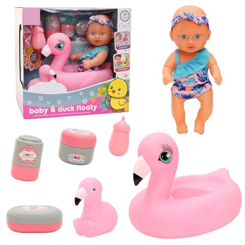 Miunana newborn baby doll bath set- 1 cute realistic baby doll, 1 swimming ring, 1 bath play toy, 1 feeding bottle and 3 bath kits Shower playset in a gift box for over 3 years old girls toddler teen