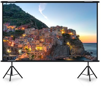 MBBTAG Pantalla proyector con tripode, Pantalla proyector portatil, Puede montarse en la Pared o apoyarse en un Soporte, Pantalla proyector Exterior, Adecuado para el hogar/Negocios/Aula(148x265cm)