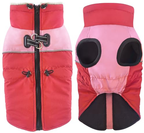 Dolahovy wasserdichte Hundemantel Winterjacken, Winddichte Haustier Kleidung Große Jumper Warme Hunde Mäntel Fleece Jacken Outfit für kleine mittlere große Hunde Welpen Weste mit Geschirr (Rot, XL)