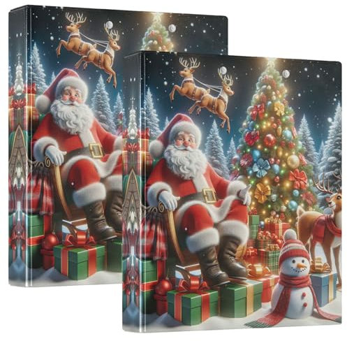 Ordner mit 3 Ringen, Weihnachtsmann, Schneemann, Rentier, 3,8 cm, mit 3 Innentaschen, drei Ringordner, dekorativ, langlebig, für Schule, Büro, 2 Stück