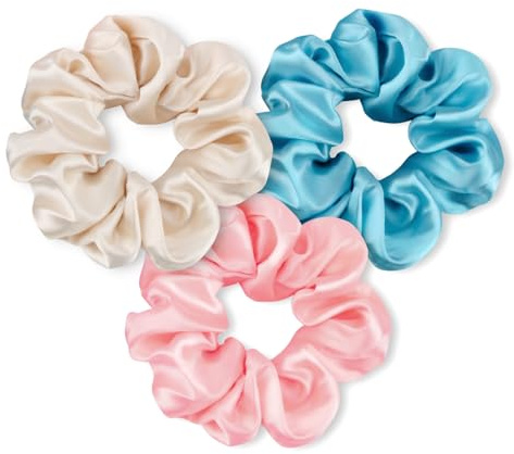 GlasFlength Haargummis Seide Scrunchies, 3 Stück Seide Haarringe Weiche Elastische Seide Haargummis Haarschonend Silk Scrunchies für Damen und Mädchen Haarschmuck (Rosa + Himmelblau + Champagner)