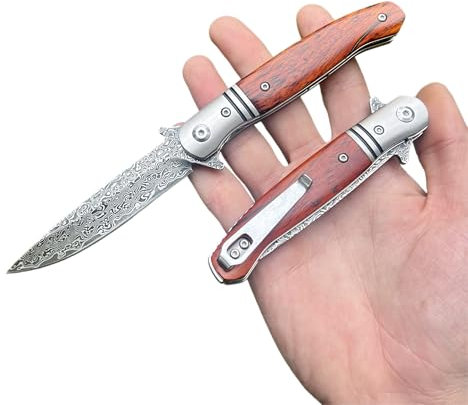 Obespina Couteau Pliant Poche Damas noir luxe Acier 67 Couches VG10 Damascus lame fine Tranchante Manche Bois Collection Cadeau Homme edc linerlock camping clip ceinture decoupe