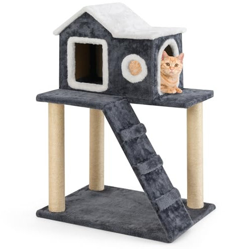COSTWAY 90 cm Árbol para Gatos, Rascador para Gatos con 3 Postes Rascadores de Sisal, Escalera de Escalada y condominio con 2 Entradas, Muebles para Gatos de 3 Niveles con Techo Abrible, Gris