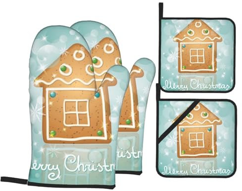 Ofenhandschuhe und Topflappen-Sets für Weihnachten, Lebkuchenhaus, hitzebeständig, Küchen-Backhandschuhe, rutschfeste Oberfläche zum Kochen, Backen, Grillen, Grillen