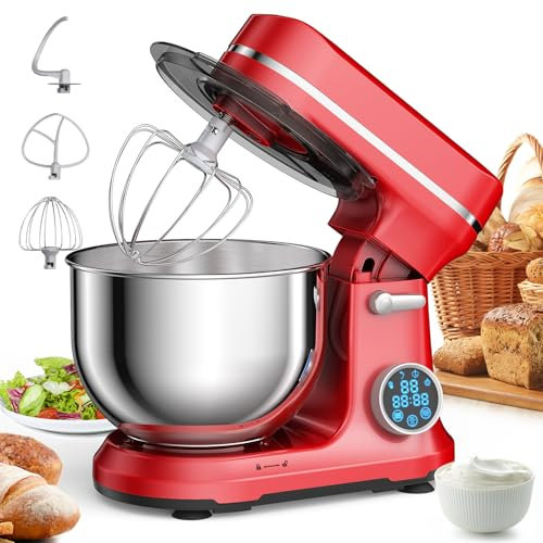 Stand Mixer,1200W Electric Kitchen Mixers,with LED display, 5L Stainless Steel Bowl,11 Speed Tilt Head Food Mixer, with Dough Hook, Flat Beater, Whisk,for Daily Use for Baking red