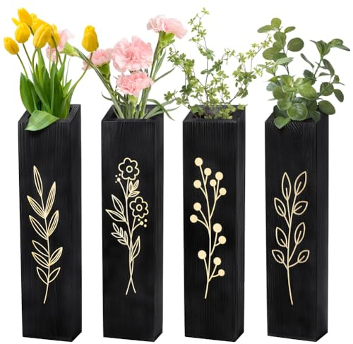 Peacoblue Wood Wall Planter, 4 Pack Indoor Pocket Wall Vases Decor for Boho Farmhouse Living Room Bedroom Dried Flowers Faux Greenery Plants Black
