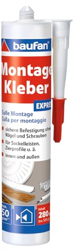 baufan Colla di montaggio Express, 280 ml, in pratica cartuccia, pronta all'uso, universale per legno, canali via cavo, pannelli isolanti, ceramica, PVC, senza solventi, bianco
