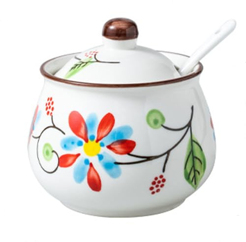 Mosuji Porcelain Sugar Bowls with Lids and Spoons,Ceramic Spice Jars for Kitchen, Seasoning Containers for Salt, Pepper, Sugar, or Condiments (HL)