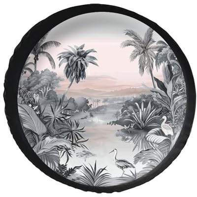 Tropical Palm Trees Spare Tire Cover PVC Leather Spare Wheel Cover Dustproof Waterproof Jeep Tire Cover for 34inch Camper, RV Trailer, Truck, SUV Fit Diameter 28-34 Inch