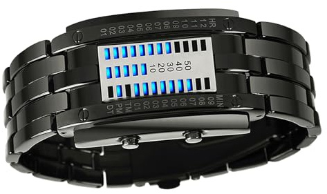 Brrnoo Blue Backlight LED Digital Binary Watch, Japanese Quartz Movement, Water Resistant to 50 Meters, Slim Fashion Wristwatch for Everyday Use