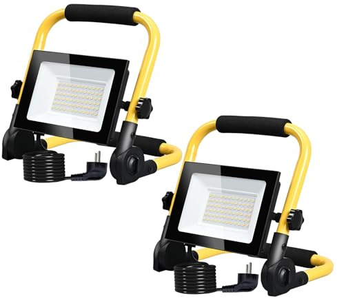 Hopelit 2 Stück LED Baustrahler 50W Kaltweiß, LED Strahler Außen Arbeitsleuchte mit Stecker und Rutschfest Faltbarer Ständer, IP66 Wasserdicht Baustrahler für Werkstatt, Baustelle, Garage