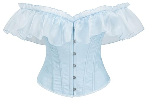 Bslingerie Women Corset Victorian Style Off-Shoulder Corset, Floral Embroidered, Light Blue and yellow, Ruffle Sleeve
