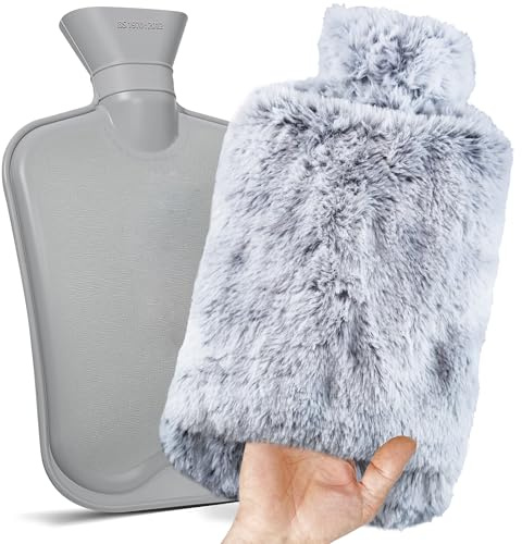 Bouillotte Eau Peluche, 2L Avec Poche Kangourou – Gris Bouteille d’Eau Chaude Douce Anti-Fuite - Idéale pour Réchauffer Mains, Ventre ou la Nuque en Hiver