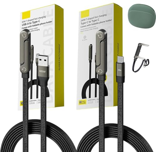 2-in-1 Invisible Holder Charger Cable – 240w Fast Charging Cord with Built-In Phone Stand, Anti-Tangle 5ft T-Shaped Foldable Multi-functional Charger Cord for Smartphones Tablets (Type C+Type A)