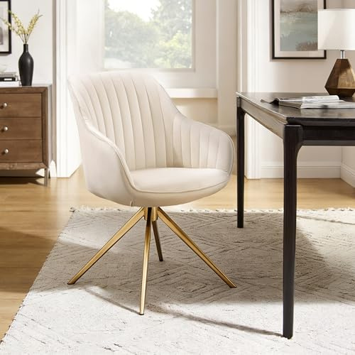 Zouron Drehstuhl Esszimmer Beige - Offwhite Samt Polsterstuhl mit Armlehnen Sessel Esszimmerstühle Gold Metallbeine Stuhl Beige Bürostuhl Armlehnstuhl