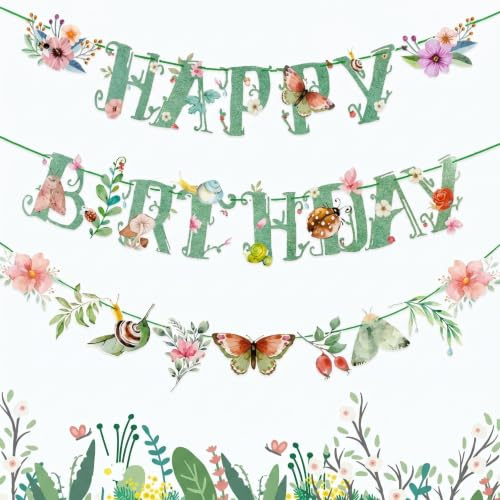 SINJAETRQ Wildflower Happy Birthday Banner, Floral Bunting for Women Girls, Paper Butterfly Garden Party Decorations Butterfly Garden Decor for Girls Women Baby Shower Wedding Tea Party
