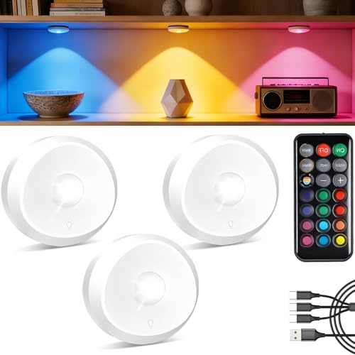 Elovanta Rechargeable LED Puck Lights with Remote Control, 2400mAh USB Wireless Magnetic Touch Spotlights, Color Changing Self Adhesive Lighting for Cabinet Display Shelves