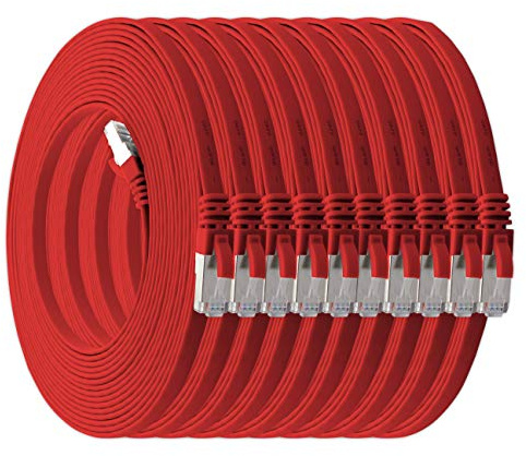 0,25m - CAT7 cable de red plano rojo - 10 piezas 10 Gbit/s Gigabit LAN piso flaco cable Patch compatible con compatible con CAT5 CAT6 CAT7 CAT8 Cat8 cinta Lan cable