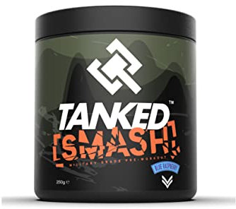 Tanked Smash Pre Workout Powder 250g – Energy Drink with Creatine Monohydrate – Improves Focus & Intensity Levels – 50 Servings (Blue Raspberry)