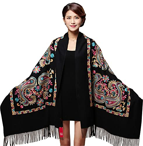 Qingzhuan Écharpe Femme Cachemire, 2021 Femme avec Tassel Étole Pashmina Léger et doux Vintage Hiver La Châles Maxi Foulard Long et Rectangulaire écharpe élégamment détaillé au style Noir