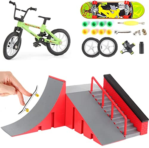 QINIFIFY Finger Skateboard Rampe Set, Mini Fingerboard Skatepark Kit DIY Finger Skate Metall Finger Fahrrad Miniatur Mountainbike Spielzeug mit Ersatzrädern und Werkzeug für Kinder
